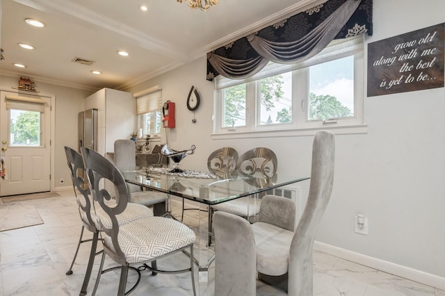 3300 Walters Ave, Wantagh, NY 11793 - dining room with light marble finish floors, recessed lighting, and ornamental molding