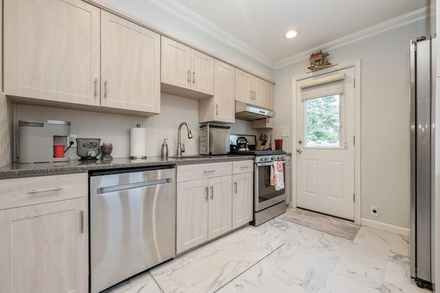 3300 Walters Ave, Wantagh, NY 11793 - kitchen featuring appliances with stainless steel finishes, under cabinet range hood, ornamental molding, recessed lighting, and light marble finish flooring