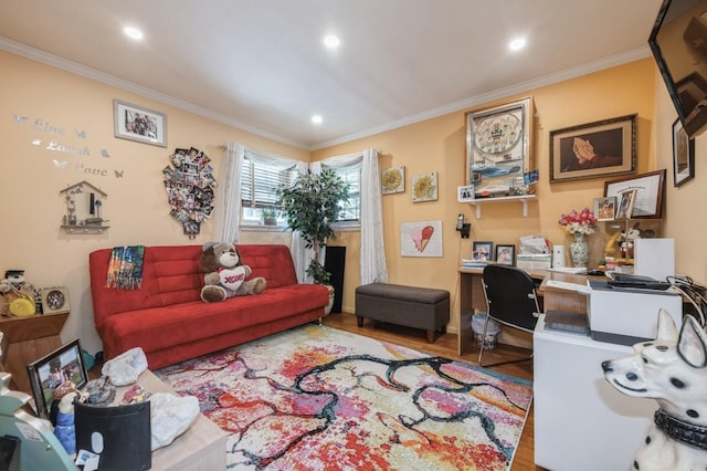 3300 Walters Ave, Wantagh, NY 11793 - home office featuring wood finished floors, ornamental molding, and recessed lighting