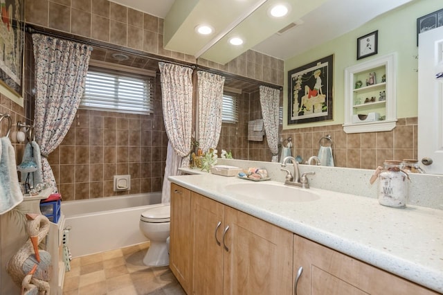 3300 Walters Ave, Wantagh, NY 11793 - full bath with vanity, shower / tub combo with curtain, tile walls, and recessed lighting