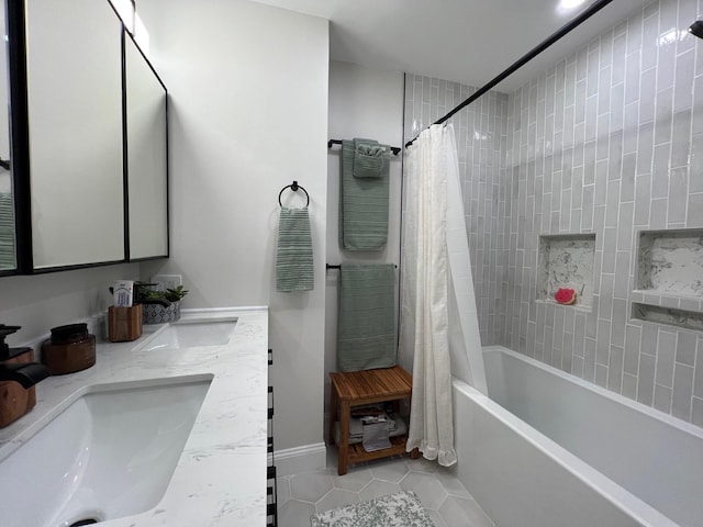 27 W Ave, Putnam Valley, NY 10579 - full bath featuring shower / bath combo, tile patterned flooring, and double vanity