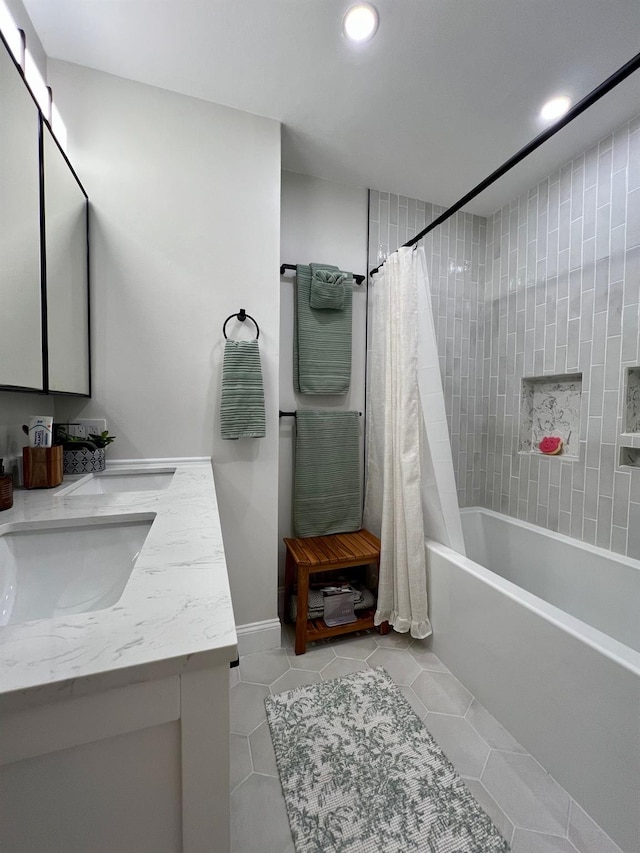 27 W Ave, Putnam Valley, NY 10579 - full bath with shower / bath combo, recessed lighting, double vanity, and tile patterned floors