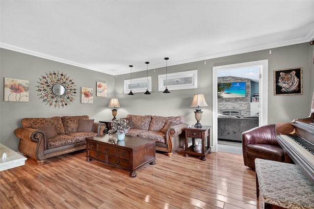 28 Lapin Ln, Blauvelt, NY 10913 - living area with light wood-style flooring, ornamental molding, and a fireplace