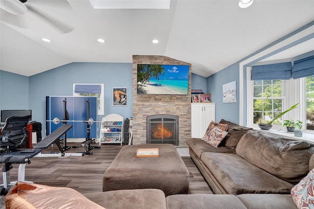 28 Lapin Ln, Blauvelt, NY 10913 - living area with vaulted ceiling, wood finished floors, ceiling fan, a fireplace, and recessed lighting