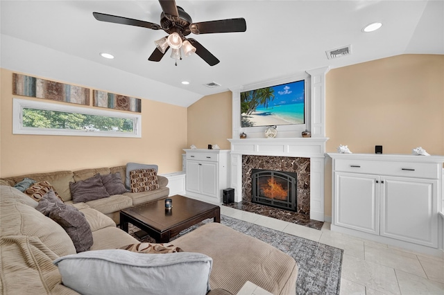 28 Lapin Ln, Blauvelt, NY 10913 - living area with vaulted ceiling, a ceiling fan, recessed lighting, a premium fireplace, and light tile patterned flooring