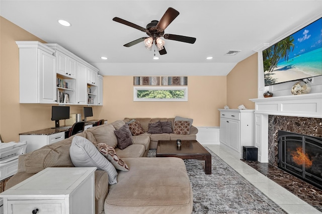 28 Lapin Ln, Blauvelt, NY 10913 - living room featuring a ceiling fan, recessed lighting, a premium fireplace, and built in desk