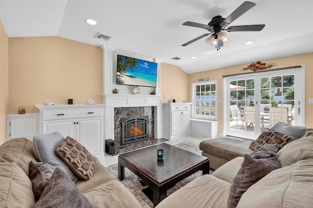 28 Lapin Ln, Blauvelt, NY 10913 - living room featuring vaulted ceiling, a ceiling fan, a high end fireplace, and recessed lighting