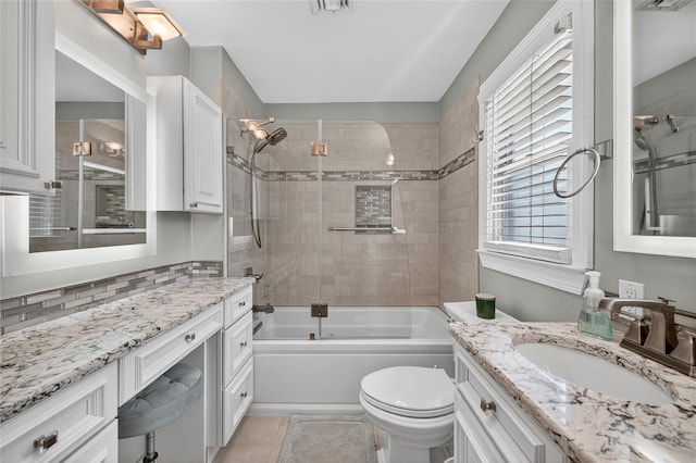 28 Lapin Ln, Blauvelt, NY 10913 - full bathroom featuring vanity, shower / bath combination, tile patterned flooring, and decorative backsplash
