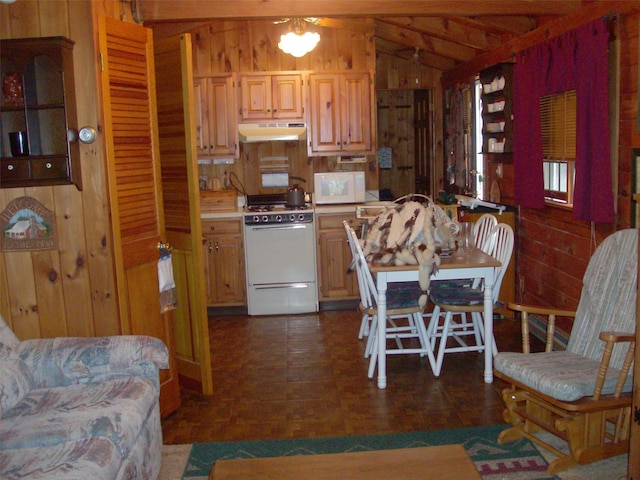 1460 Old Rte 17, Roscoe, NY 12776 - kitchen featuring white appliances, under cabinet range hood, wooden walls, light countertops, and lofted ceiling
