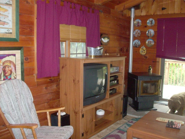 1460 Old Rte 17, Roscoe, NY 12776 - living room featuring wood walls and a wood stove