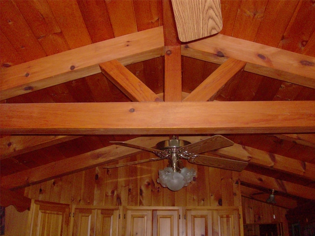 1460 Old Rte 17, Roscoe, NY 12776 - detailed view of a ceiling fan, wood walls, and a wood ceiling with exposed beams