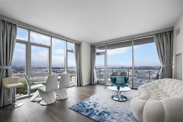 133-36 37th Ave Unit 10, Flushing, NY 11354 - living area featuring healthy amount of natural light, wood finished floors, expansive windows, and a city view