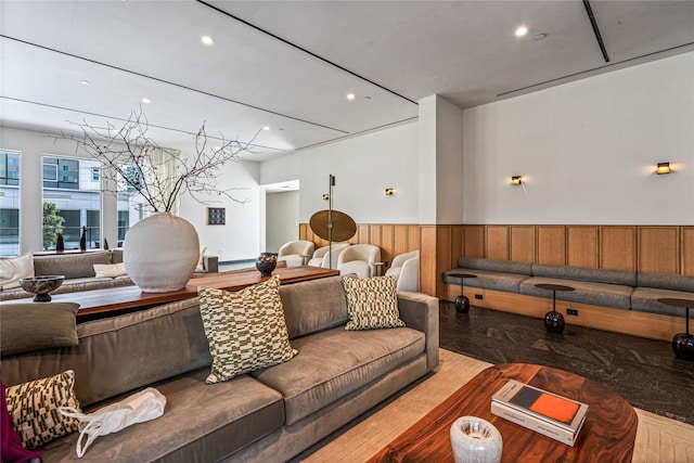 133-36 37th Ave Unit 10, Flushing, NY 11354 - living area with a wainscoted wall, wood finished floors, wood walls, and recessed lighting