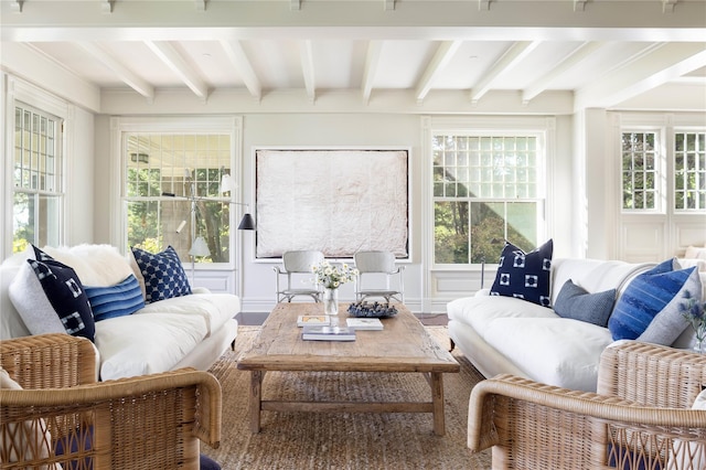 12120 New Suffolk Ave, Cutchogue, NY 11935 - sunroom / solarium featuring beamed ceiling