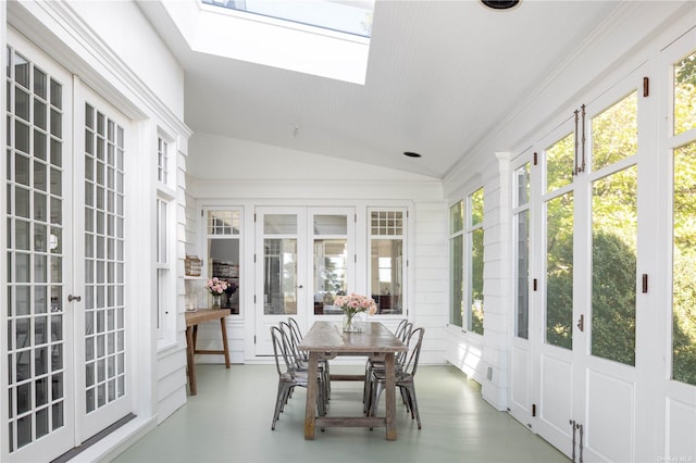 12120 New Suffolk Ave, Cutchogue, NY 11935 - sunroom with french doors, a skylight, and vaulted ceiling