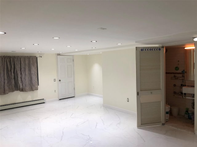 148-03 Horace Harding Expy, Flushing, NY 11367 - unfurnished room featuring a baseboard heating unit, light marble finish flooring, and recessed lighting