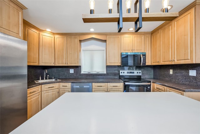 406 Red Maple Dr W, Wantagh, NY 11793 - kitchen with appliances with stainless steel finishes, backsplash, dark countertops, and recessed lighting