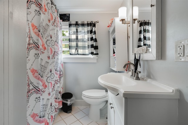 110 Pine Ave, Ossining, NY 10562 - bathroom with vanity, tile patterned floors, crown molding, and a shower with shower curtain