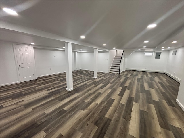 868 Oliver Ave, Westbury, NY 11590 - finished below grade area featuring dark wood-style floors, stairs, and recessed lighting