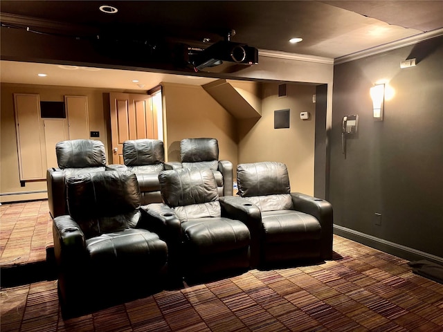 10 Hazelwood Ct, Jericho, NY 11753 - cinema room with ornamental molding, recessed lighting, and light colored carpet