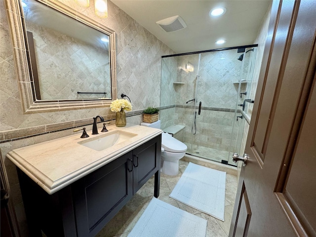 10 Hazelwood Ct, Jericho, NY 11753 - full bath with tile walls, vanity, a shower stall, and recessed lighting