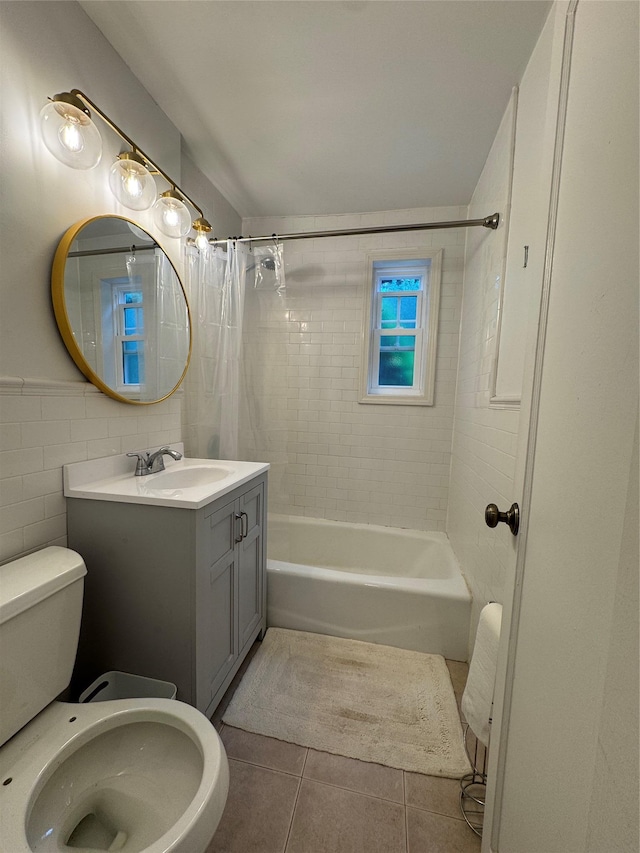 7827 Cloverdale Blvd Unit A, Oakland Gardens, NY 11364 - bathroom with tile patterned flooring, shower / tub combo with curtain, vanity, and tile walls