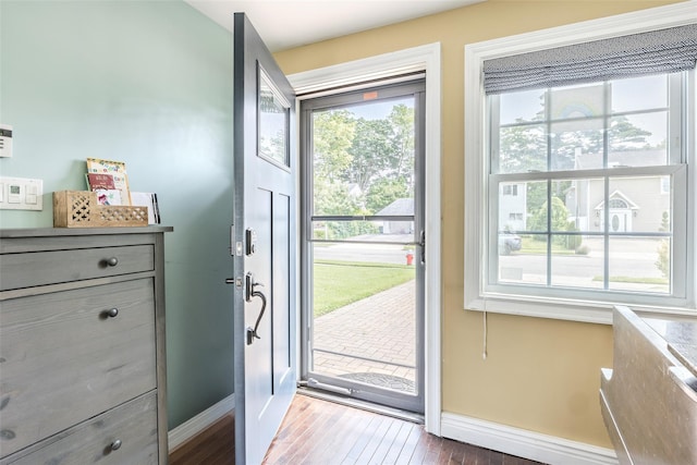 59 Acre Ln, Hicksville, NY 11801 - doorway to outside with baseboards and wood finished floors