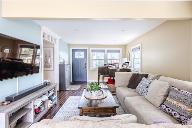 59 Acre Ln, Hicksville, NY 11801 - living room with baseboards and dark wood-type flooring