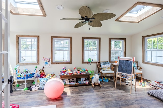 59 Acre Ln, Hicksville, NY 11801 - game room featuring a skylight, wood finished floors, and ceiling fan