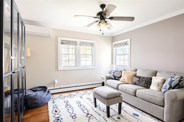 59 Acre Ln, Hicksville, NY 11801 - living area with a baseboard radiator, wood finished floors, crown molding, and a ceiling fan