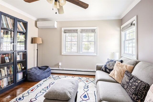 59 Acre Ln, Hicksville, NY 11801 - living room with an AC wall unit, baseboard heating, a ceiling fan, wood finished floors, and crown molding