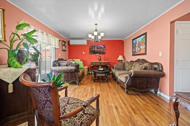 1935 Holland Ave, Bronx, NY 10462 - living area featuring an AC wall unit, a chandelier, light wood-style flooring, and ornamental molding