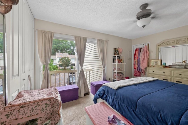 216UNITM Springmeadow Dr, Holbrook, NY 11741 - bedroom with light carpet, access to outside, a textured ceiling, and ceiling fan