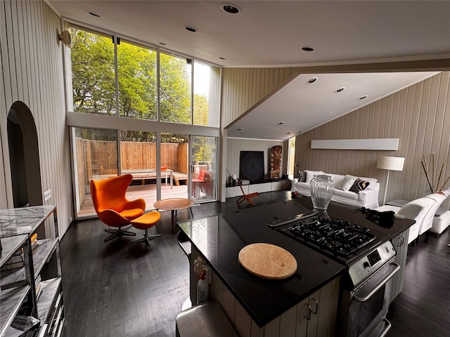 487 Tarpon Walk, Fire Island Pines, NY 11782 - kitchen with healthy amount of natural light, dark wood-style flooring, and stainless steel range with gas stovetop