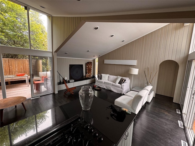 487 Tarpon Walk, Fire Island Pines, NY 11782 - living room featuring dark wood-type flooring, healthy amount of natural light, lofted ceiling, and wooden walls