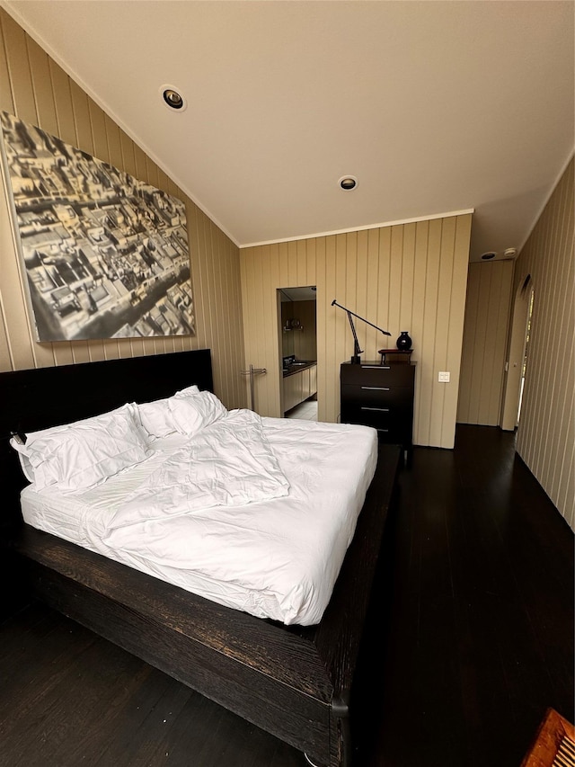 487 Tarpon Walk, Fire Island Pines, NY 11782 - bedroom featuring hardwood / wood-style flooring, ornamental molding, and wood walls