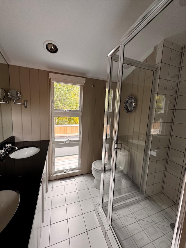 487 Tarpon Walk, Fire Island Pines, NY 11782 - bathroom featuring a shower stall, tile patterned floors, and double vanity