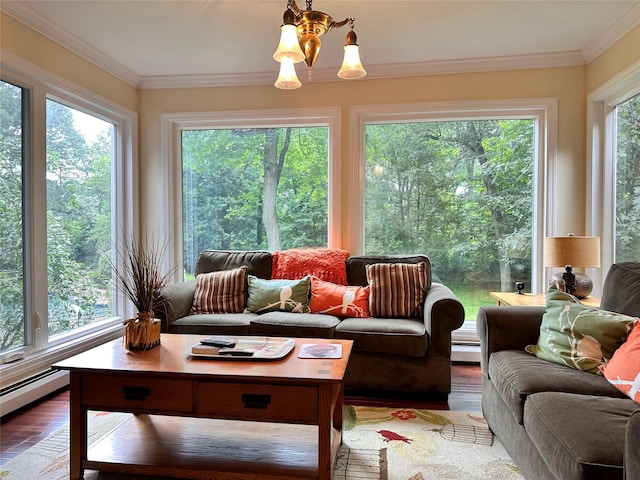 8 Rolling Dr, Brookville, NY 11545 - sunroom with a baseboard heating unit and a chandelier