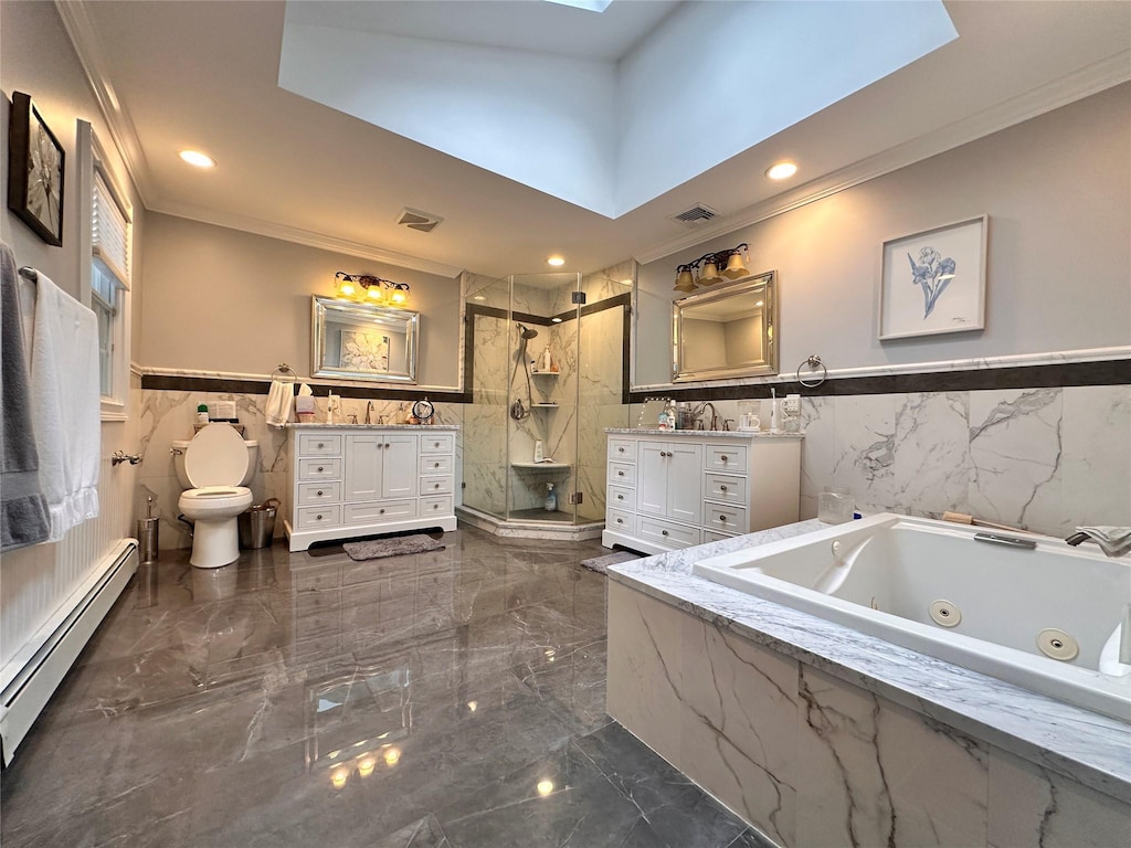 8 Rolling Dr, Brookville, NY 11545 - full bathroom with a baseboard radiator, tile walls, ornamental molding, marble tiled flooring, and a shower stall