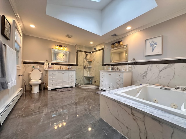 8 Rolling Dr, Brookville, NY 11545 - full bathroom with a baseboard radiator, tile walls, ornamental molding, marble tiled flooring, and a shower stall