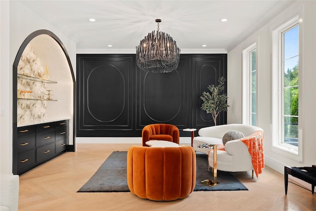 2 Maple Way, Woodbury, NY 11797 - sitting room featuring a chandelier, crown molding, and recessed lighting