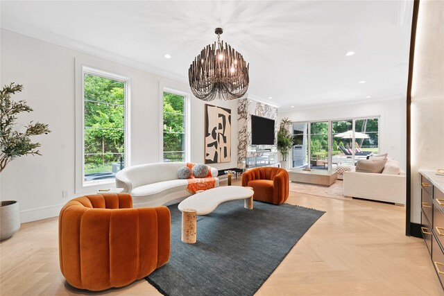 2 Maple Way, Woodbury, NY 11797 - living room featuring ornamental molding, plenty of natural light, a chandelier, and recessed lighting