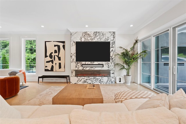 2 Maple Way, Woodbury, NY 11797 - living room featuring crown molding, wood finished floors, and recessed lighting