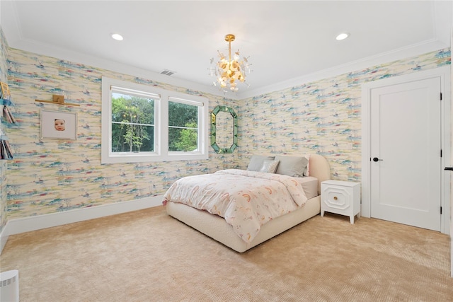 2 Maple Way, Woodbury, NY 11797 - bedroom featuring ornamental molding, wallpapered walls, light colored carpet, recessed lighting, and a chandelier