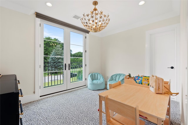 2 Maple Way, Woodbury, NY 11797 - dining space featuring a chandelier, carpet flooring, recessed lighting, and french doors