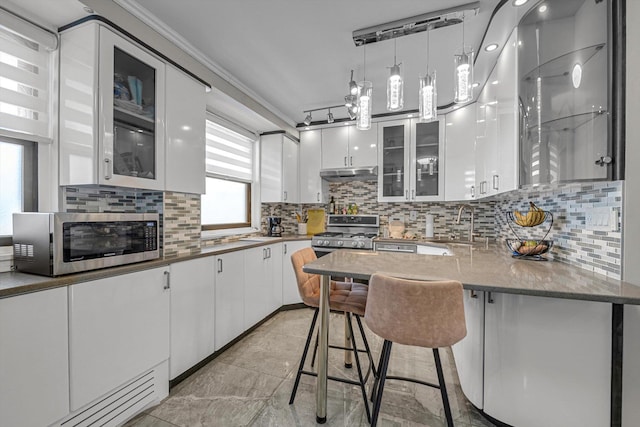 61-45 98th St Unit 11G, Rego Park, NY 11374 - kitchen featuring appliances with stainless steel finishes, under cabinet range hood, white cabinets, and a peninsula