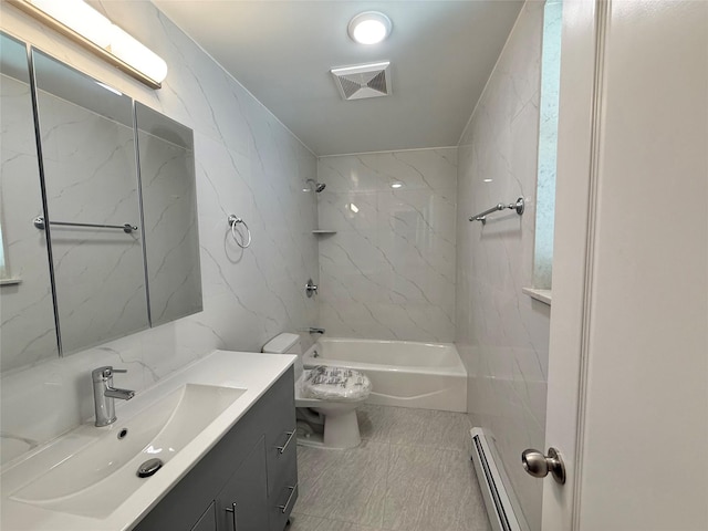 1604 Robertson Pl, Bronx, NY 10465 - bathroom featuring a baseboard heating unit, vanity, bathtub / shower combination, and tile walls