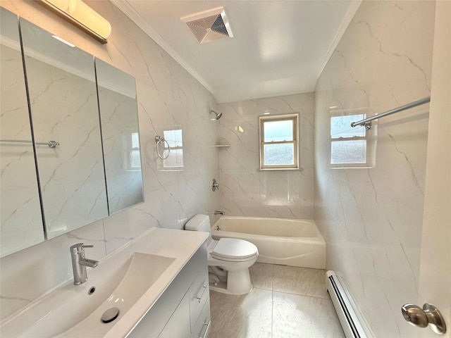 1604 Robertson Pl, Bronx, NY 10465 - bathroom with crown molding, vanity, washtub / shower combination, baseboard heating, and tile walls