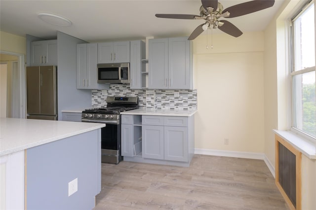 610 Waring Ave Unit 5F, Bronx, NY 10467 - kitchen with stainless steel appliances, gray cabinets, tasteful backsplash, open shelves, and light countertops