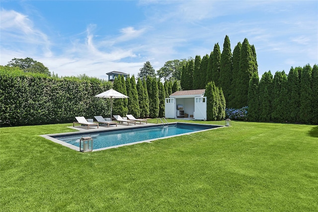 63 Armande St, Southampton, NY 11968 - view of pool with an outdoor structure, a patio, and a yard